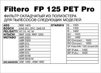 Filtero FP 125 PET Pro, фильтр складчатый из полиэстера для пылесосов BOSCH, METABO, STARMIX