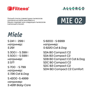 Мешки для пылесосов Filtero Allergo MIE 02, 4 штуки, моторный и микрофильтр, синтетические